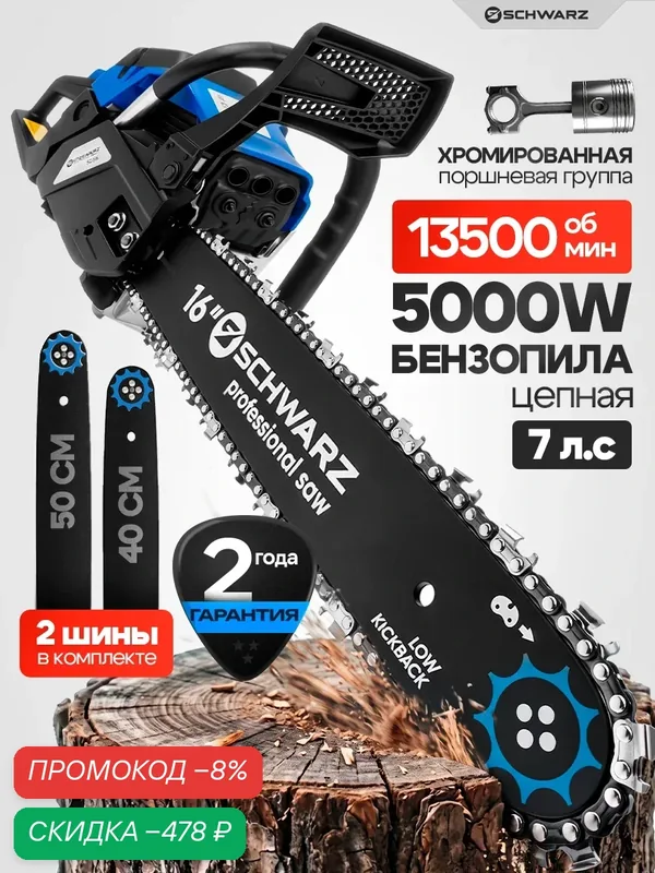 Бензопила цепная SCHWARZ, SRT-50, антивибрация, тормоз цепи, синяя — SCHWARZ, скидка по промокоду Яндекс Маркет