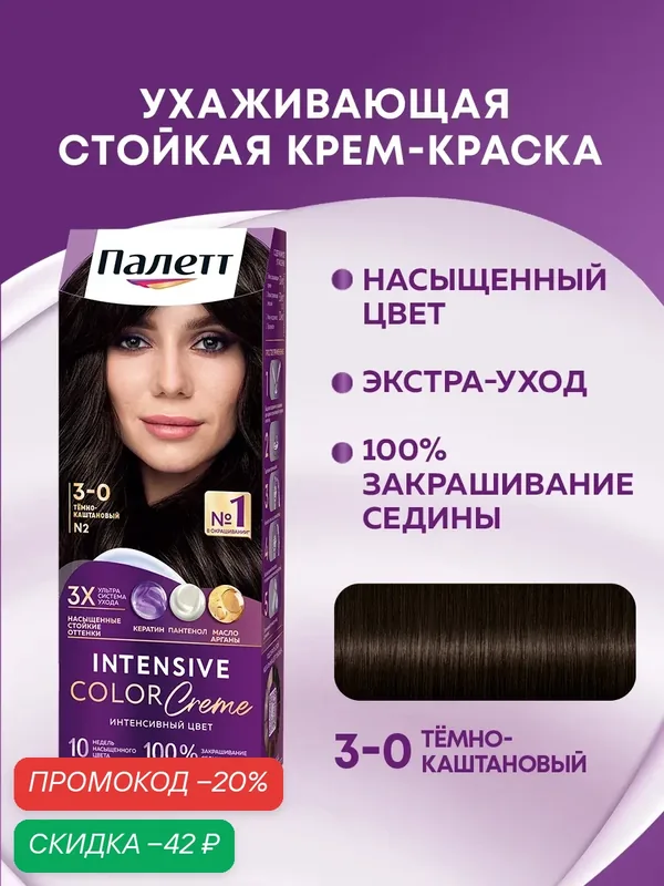 Палетт Стойкая крем-краска для волос Интенсивный цвет 3-0 (N2) Тёмно-каштановый, 110 мл — Палетт, скидка по промокоду Яндекс Маркет
