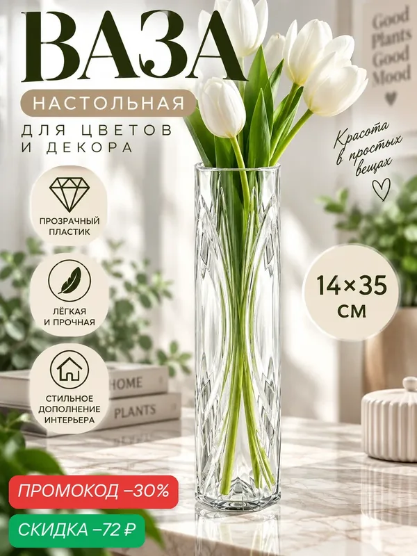Ваза Сима-ленд «Вердад», пластик, прозрачная, универсальная — Сима-ленд, скидка по промокоду Яндекс Маркет