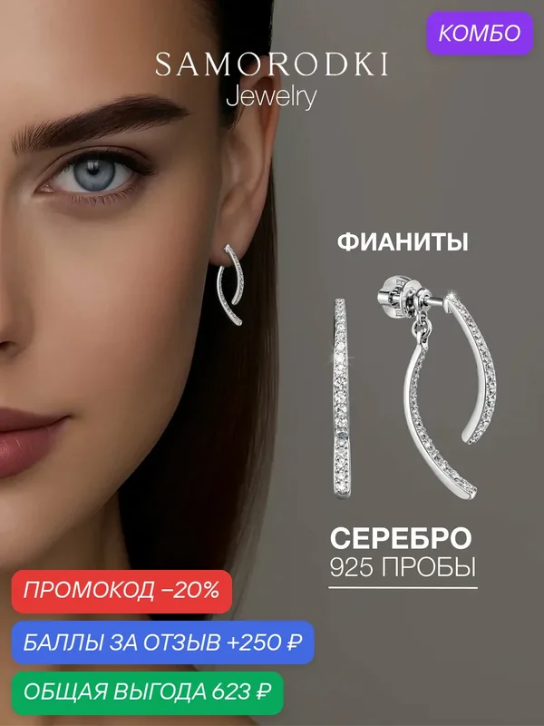 Серьги пусеты, серебро, 925 проба, родирование, фианит — SamoroDki Jewelry, промокод и 250 баллов за отзыв Яндекс Маркет