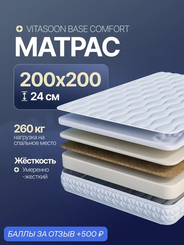 Матрас 200x200 беспружинный высота 24 см Vitasoon Base Comfort — VitaSoon, 500 баллов за отзыв Яндекс Маркет