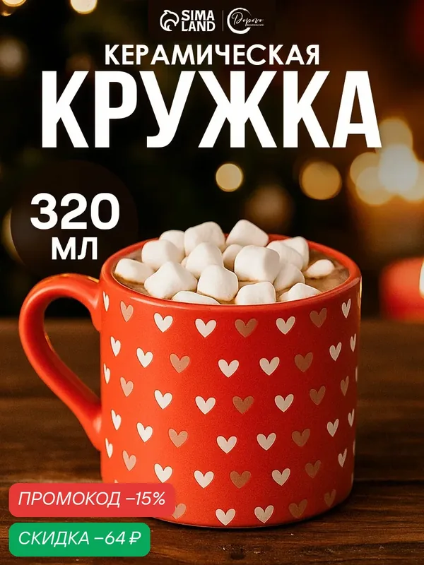 Кружка Дорого внимание «Сердечки», керамическая, 320 мл, красный — Дорого внимание, скидка по промокоду Яндекс Маркет
