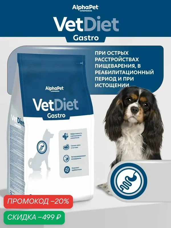 Сухой полнорационный диетический корм AlphaPet Vet Diet для взрослых собак всех пород рек. при ост расстройст пищевар в реабилит период и при истощении 2 кг — AlphaPet, скидка по промокоду Яндекс Маркет
