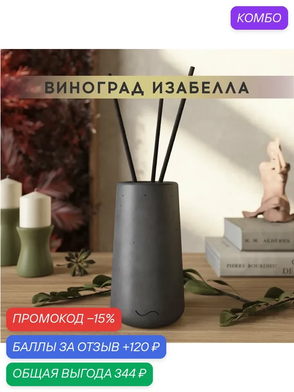 Ароматический диффузор, Виноград Изабелла, 100мл, в бетонной вазе Astrid, графитовый матовый — MUSKO, промокод и 120 баллов за отзыв Яндекс Маркет