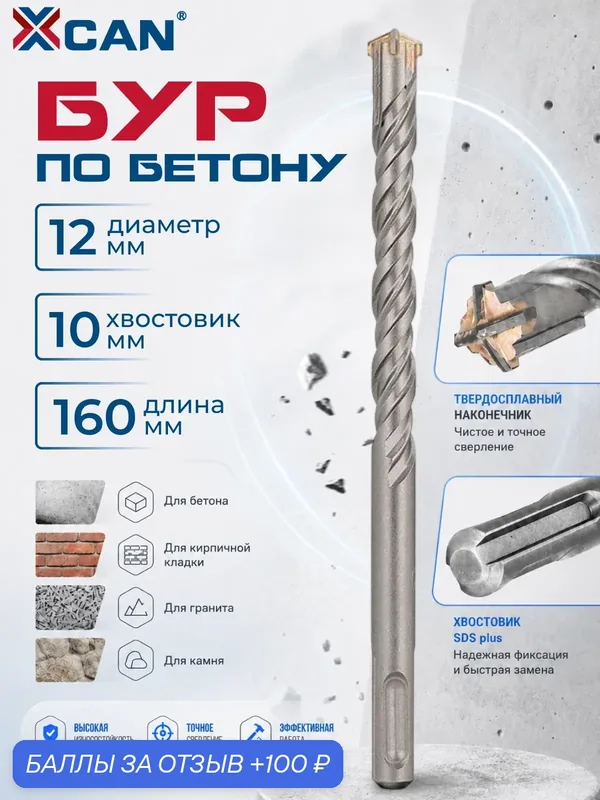 Бур по бетону SDS Plus XCAN 12х160мм, бур для перфоратора SDS-plus, 4-х гранная твердосплавная пластина — XCAN., 100 баллов за отзыв Яндекс Маркет