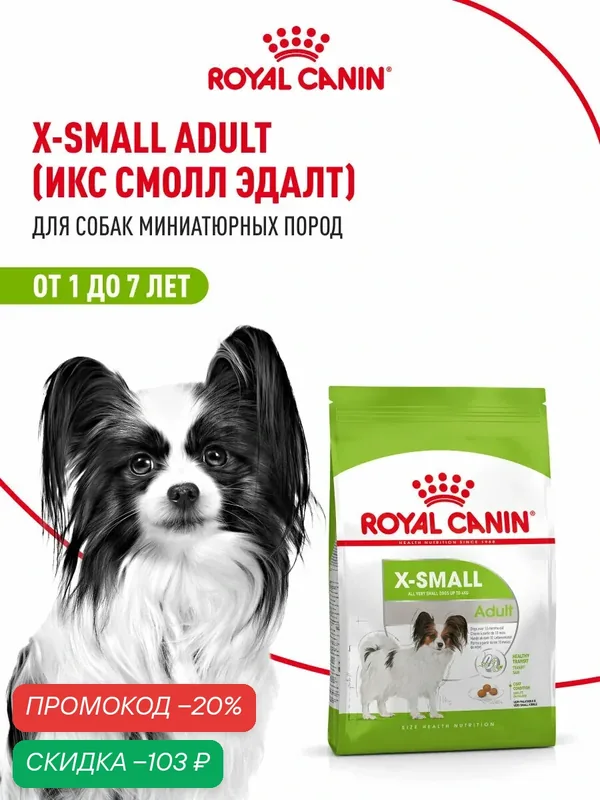 Сухой корм для собак Royal Canin X-Small Adult для миниатюрных пород, 500 г — Royal Canin, скидка по промокоду Яндекс Маркет