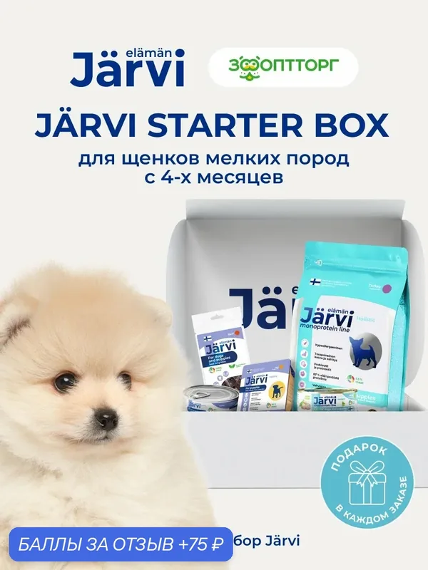 Стартовый набор Jarvi для кормления щенков: сухой корм монопротеиновый + влажный корм + лакомство — Jarvi, 75 баллов за отзыв Яндекс Маркет