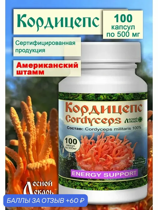БАД Мицелий Кордицепса, для иммунитета и выносливости, 100 капсул — Лесной Лекарь, 60 баллов за отзыв Яндекс Маркет