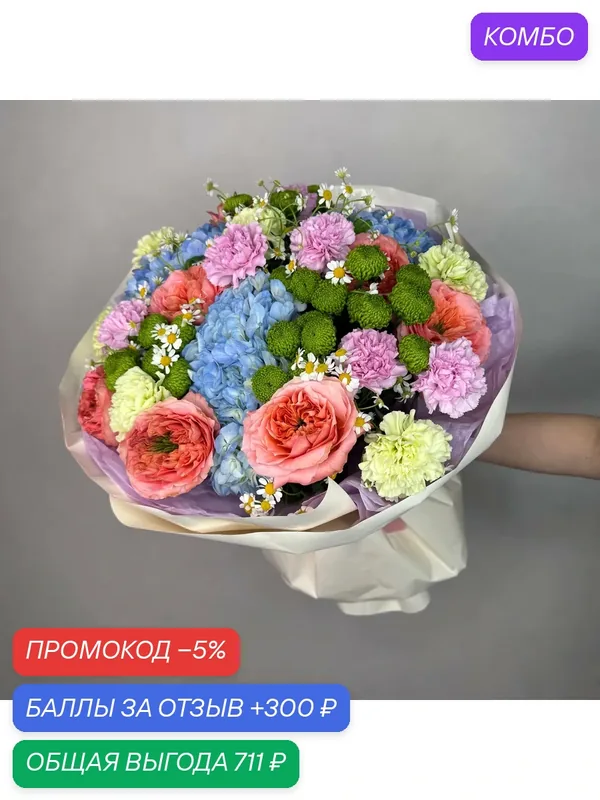 Дофаминовый букет XL с яркой пионовидной розой и гортензией в подарочной упаковке от FlowerLand — FlowerLand, промокод и 300 баллов за отзыв Яндекс Маркет