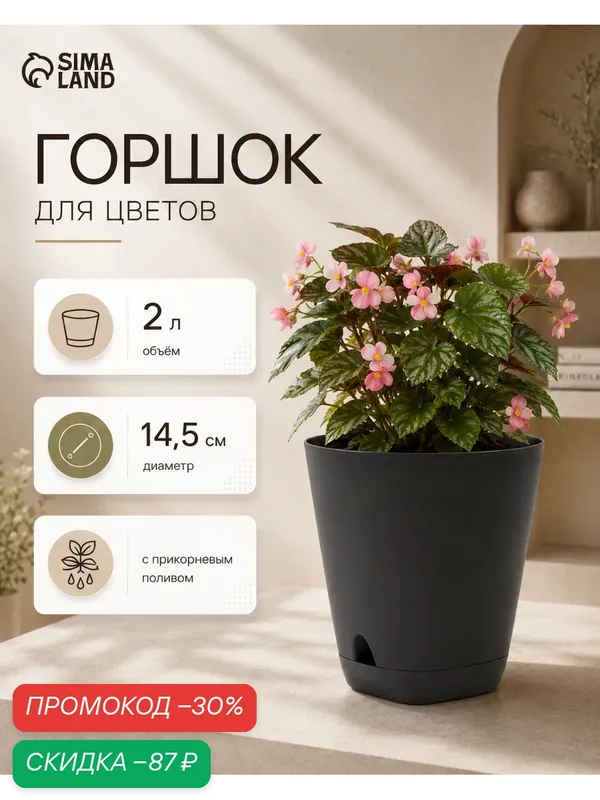 Горшок для цветов «Гранд», 2 л, d=14.5 см, h=15 см, пластиковый, с прикорневым поливом, чёрный — Альт-Пласт, скидка по промокоду Яндекс Маркет