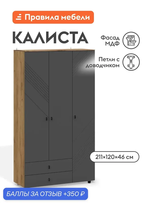 Распашной шкаф для одежды и хранения вещей Калиста Комби с полками, с ящиками, со штангой, 120х46.4х210.6 см, Дуб золотой / Графит — Правила мебели, 350 баллов за отзыв Яндекс Маркет