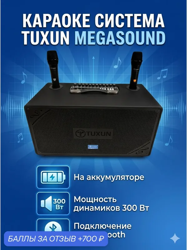Караоке система Tuxun MegaSound мощность 300 Вт портативная с двумя микрофонами — Tuxun, 700 баллов за отзыв Яндекс Маркет