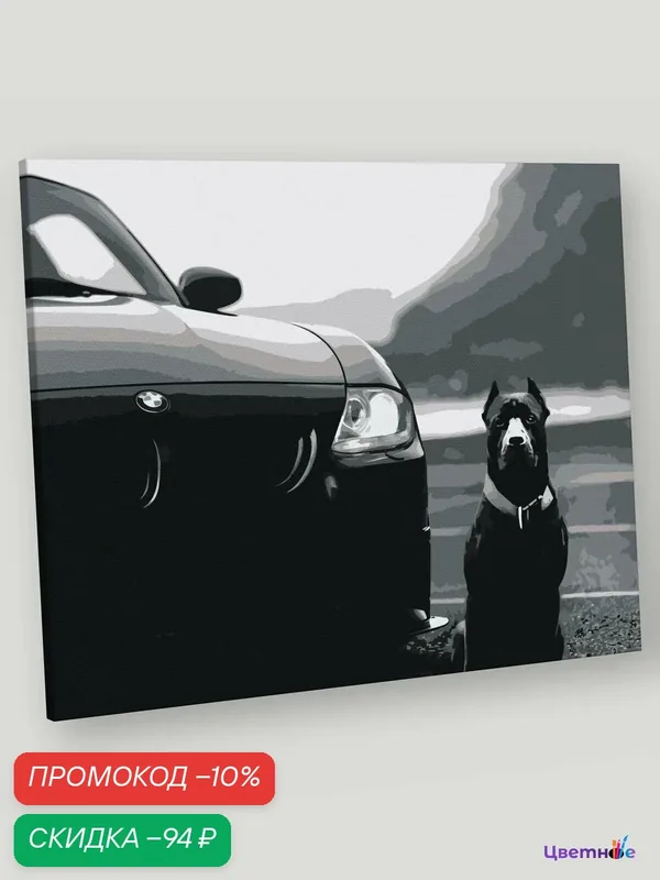 Картина по номерам на холсте с подрамником "Машина BMW и собака Кане-корсо монохром" Раскраска 40x50 см, Животные — Цветное, скидка по промокоду Яндекс Маркет