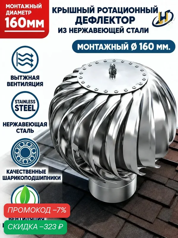 Дефлектор 160 мм для вентиляции, турбо-дефлектор нержавеющая сталь, на трубу 160мм — скидка по промокоду Яндекс Маркет