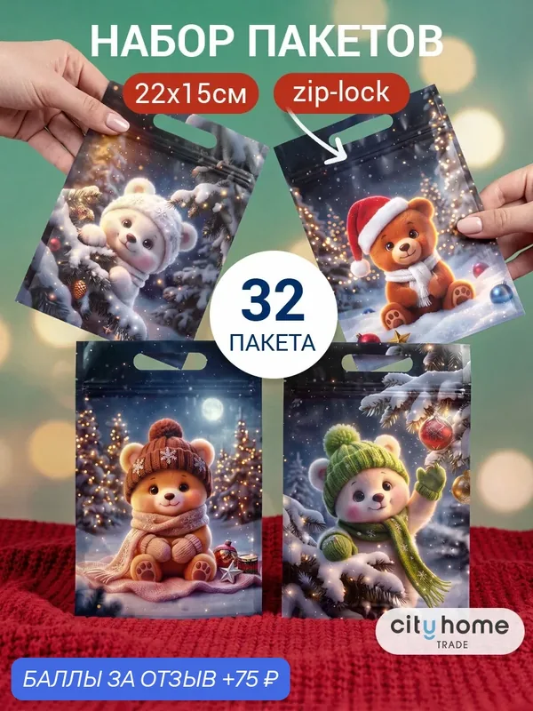 Пакеты подарочные новогодние маленькие полиэтиленовые, 22x15 см, набор 32 шт — cityhometrade, 75 баллов за отзыв Яндекс Маркет