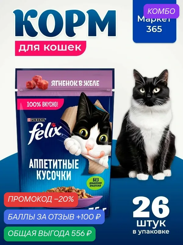 Влажный корм для кошек Felix Аппетитные кусочки, ягненок в желе, 75 г x 26 шт — промокод и 100 баллов за отзыв Яндекс Маркет