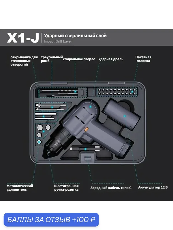 Комбинированный набор инструментов JIMIHOME X1-J с ударной дрелью и 12V аккумулятором, для дома и ремонта — JIMIHOME, 100 баллов за отзыв Яндекс Маркет