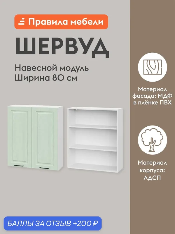 Кухонный модуль навесной, шкаф Шервуд с доводчиками, с полками, 80х29.6х91 см, Белый / Шато мята — Правила мебели, 200 баллов за отзыв Яндекс Маркет