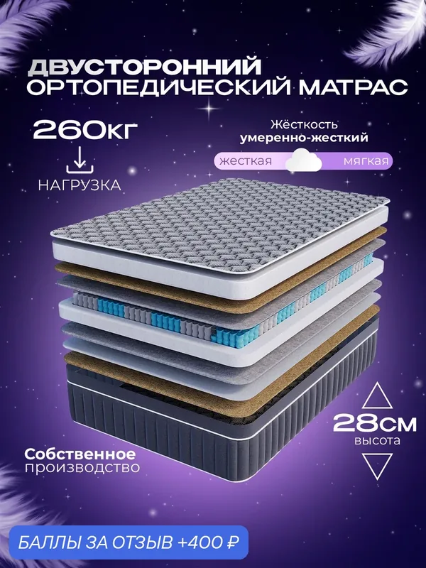 Матрас пружинный 160x200 см высота 28 см Vitaflex Ortho Dream Sk ортопедический с кокосом двуспальный — Vitaflex, скидка по промокоду Яндекс Маркет