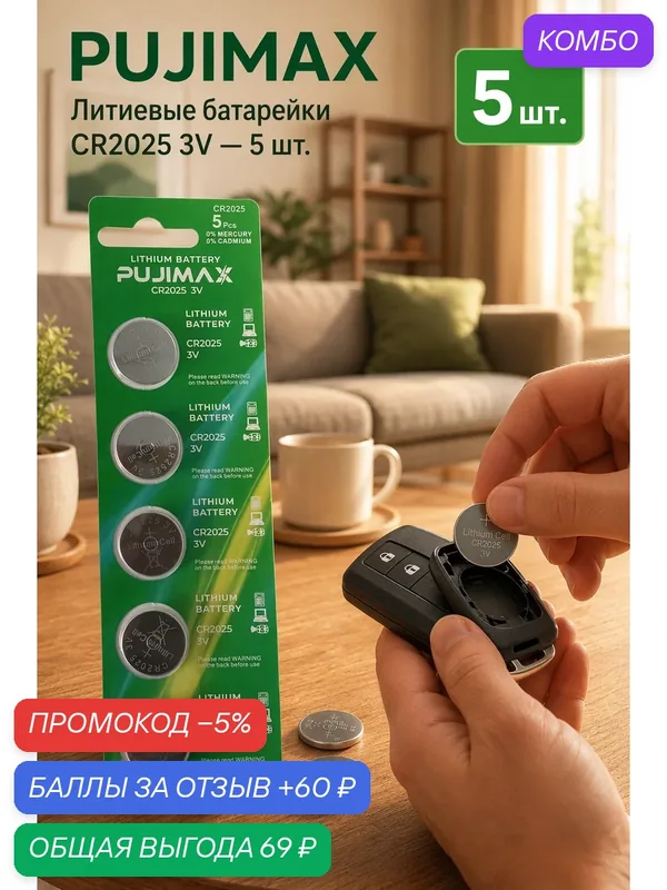 Батарейка CR2025 литиевая, напряжение 3V емкость 150 мАч, набор 5шт. — PUJIMAX, промокод и 60 баллов за отзыв Яндекс Маркет