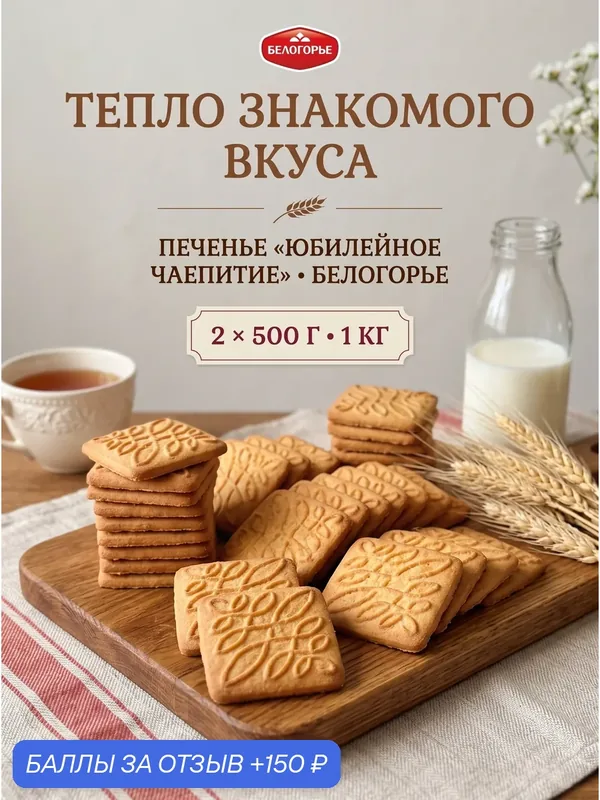 Печенье Юбилейное чаепитие Белогорье 1 кг, сахарное рассыпчатое, 2 упаковки по 500 г — БЕЛОГОРЬЕ, 150 баллов за отзыв Яндекс Маркет