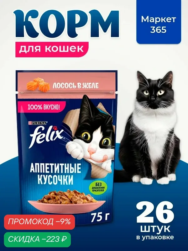 Влажный корм для кошек Felix Аппетитные кусочки, лосось в желе, 75 г x 26 шт — промокод и 100 баллов за отзыв Яндекс Маркет
