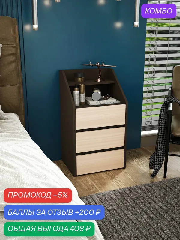 Тумба Витто-9166 венге-дуб молочный с ящиками и полкой, прикроватная, для прихожей, под стол, в коридор, в спальню, офисная, напольная — Profimebel, скидка по промокоду Яндекс Маркет