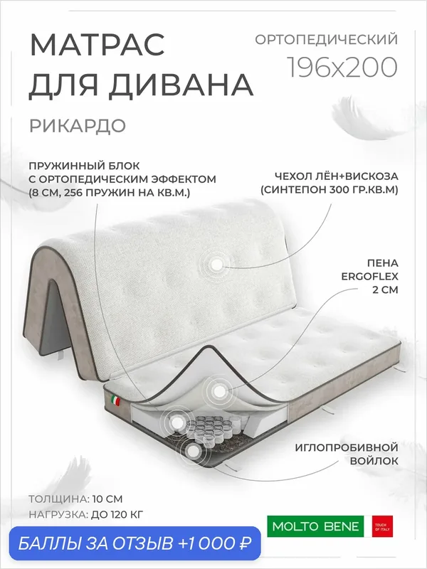 Матрас для дивана аккордеон 196х140х10, 196х60х10 см.(196х200х10), ортопедический Рикардо с пружинным блоком — LUXURY mattresses, 1 000 баллов за отзыв Яндекс Маркет