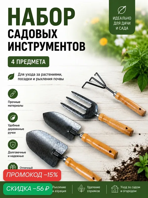Набор садовых инструментов 4 предмета: лопатки, вилка, грабли. Для сада, огорода, рассады. — скидка по промокоду Яндекс Маркет
