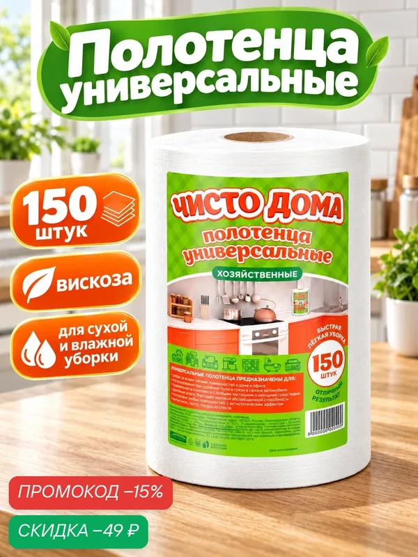 Полотенца Чисто Дома, универсальные, для уборки, вискоза, 150 шт, белые — Сима-ленд, скидка по промокоду Яндекс Маркет