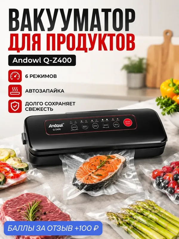 Вакуумный упаковщик продуктов Andowl Q-Z400, 6 режимов работы, серый металлик — Andowl, 100 баллов за отзыв Яндекс Маркет