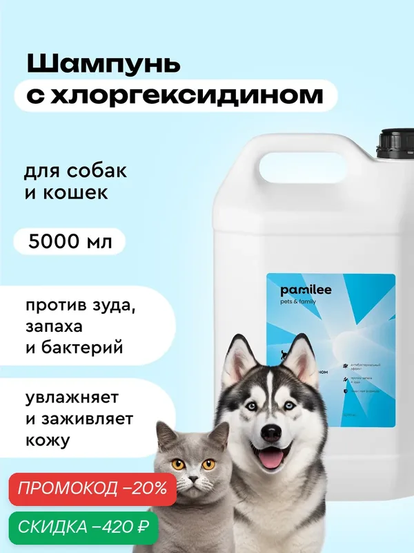 Шампунь для собак и кошек с хлоргексидином 2%, 5л, против зуда, профессиональный, Pamilee — Pamilee, скидка по промокоду Яндекс Маркет