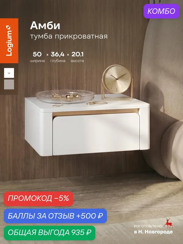 Тумба подвесная белая 50 см Амби 16.171.01, Белый PE шагрень, Поталь золото, Logium, прикроватная, косметическая — LOGIUM, скидка по промокоду Яндекс Маркет
