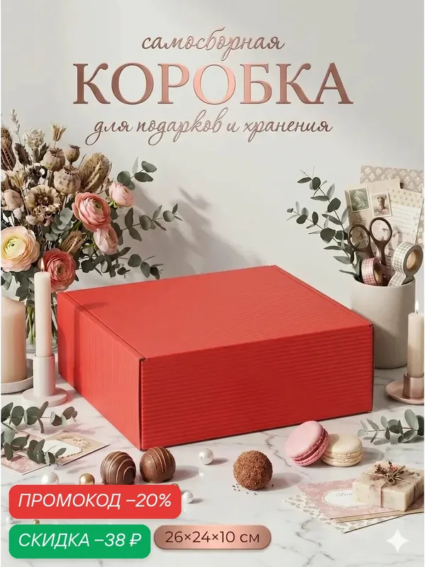 Коробка самосборная, красная, для подарков, хранения и отправки посылок, 26×24×10 см — Upak Land, скидка по промокоду Яндекс Маркет