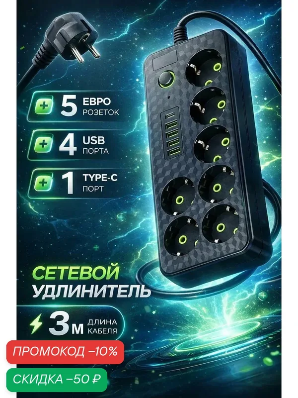Сетевой фильтр, удлинитель, с USB, 3 розетки, 4 порта USB, 1 type-c, черный — скидка по промокоду Яндекс Маркет