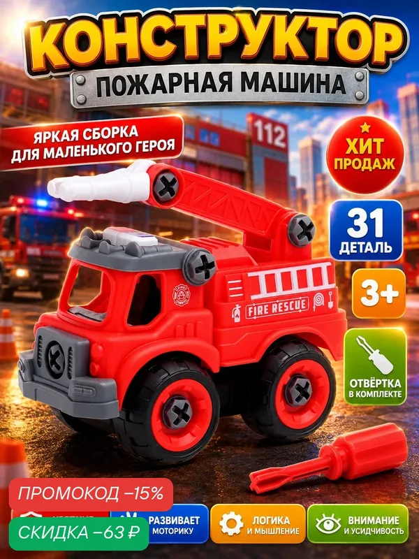 Конструктор винтовой «Пожарная машина», с отвёрткой, 31 деталь — Сима-ленд, скидка по промокоду Яндекс Маркет