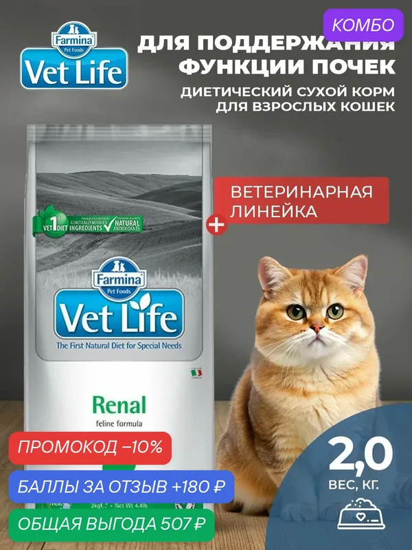 Cухой корм для кошек Farmina Vet Life Renal (Вет Лайф кэт Ренал) 2 кг При болезнях почек, ХПН — Farmina, промокод и 180 баллов за отзыв Яндекс Маркет