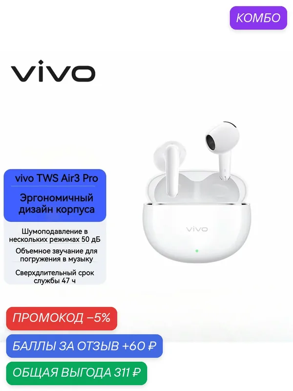 Vivo TWS Air3 Pro беспроводные TWS наушники, ANC 50 дБ, Bluetooth 6.0, автономность 47 ч, игровая задержка 44 мс, IP54 — vivo, промокод и 60 баллов за отзыв Яндекс Маркет
