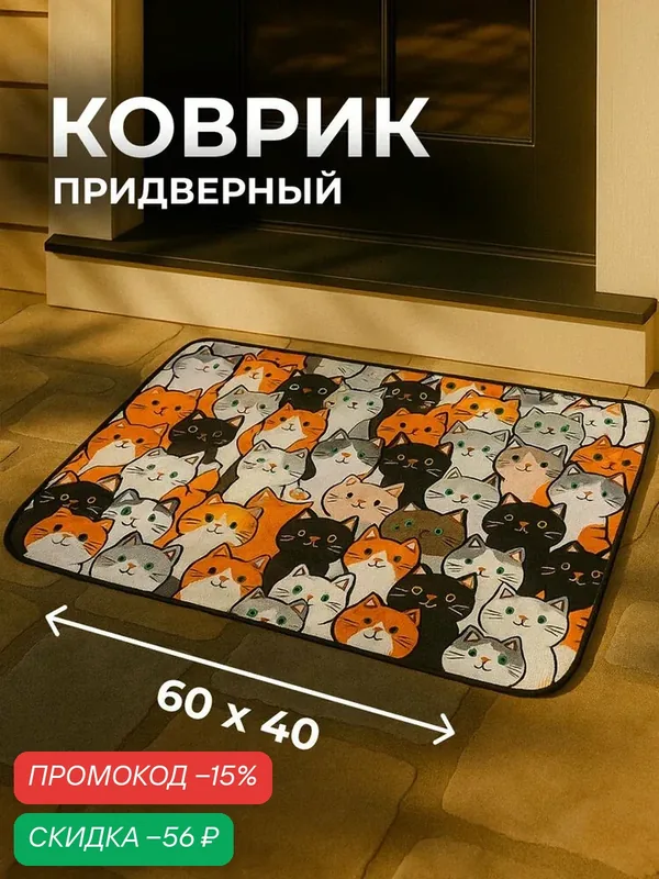 Коврик придверный «Котики», 40 х 60 см, белый, нескользящий, для дома — Сима-ленд, скидка по промокоду Яндекс Маркет
