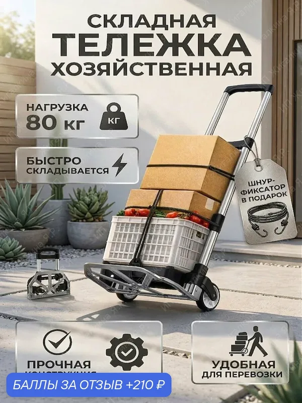 Тележка складная грузовая на колесах двухколесная с кнопкой 80 кг с телескопической ручкой хозяйственная — 210 баллов за отзыв Яндекс Маркет