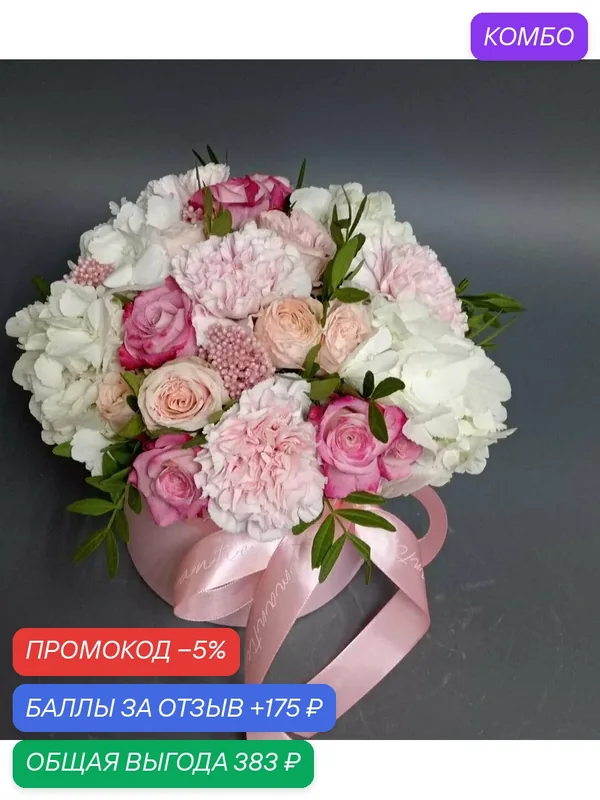"Нежность Офелии" авторская композиция из кустовых роз, диантусов и гортензии — FLORY LOVE, промокод и 175 баллов за отзыв Яндекс Маркет