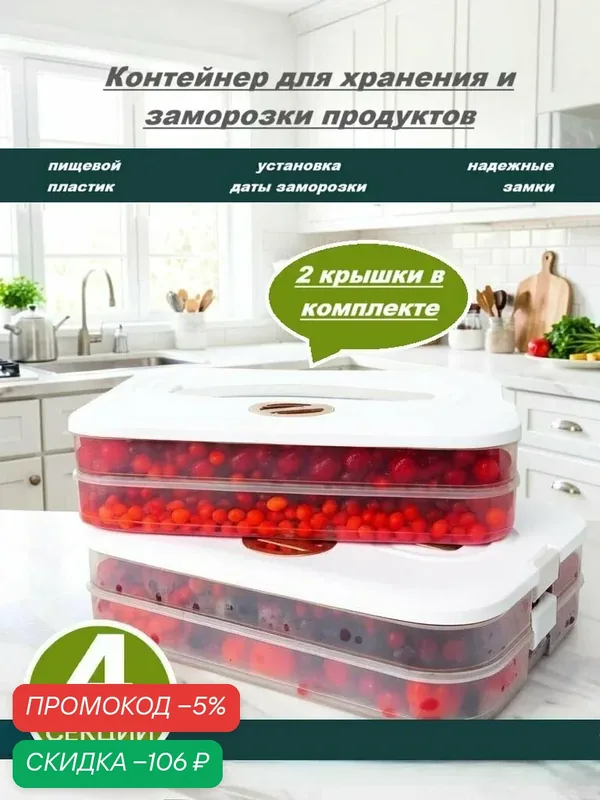 Контейнер для заморозки и хранения ягод и пельменей Nytta, 4 секции, 2 крышки. — Nytta, скидка по промокоду Яндекс Маркет