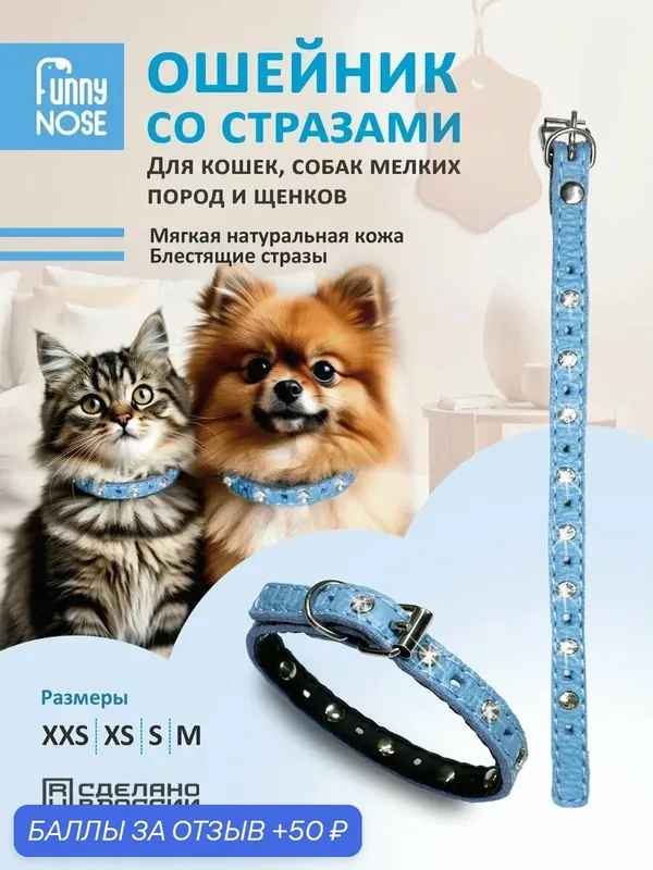 Ошейник кожаный со стразами для кошек, собак мелких пород и щенков — Funny Nose, 50 баллов за отзыв Яндекс Маркет
