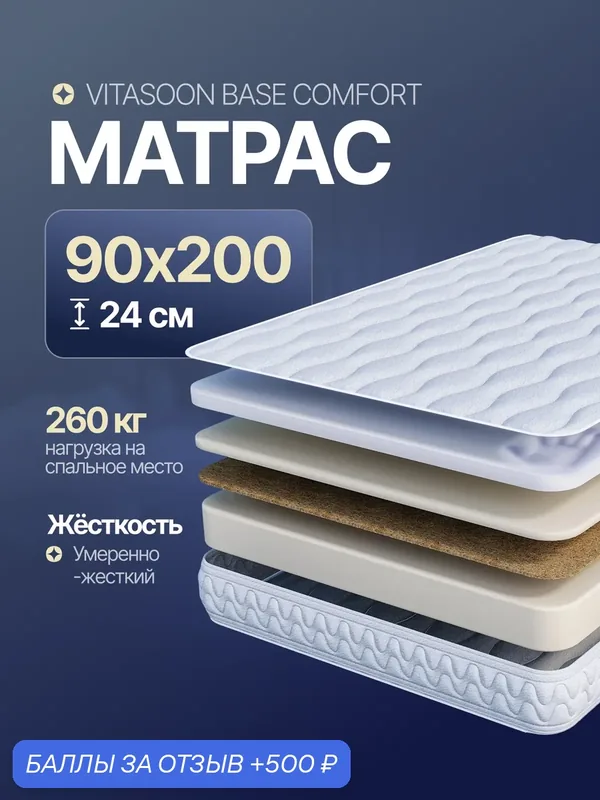 Матрас 90x200 беспружинный высота 24 см Vitasoon Base Comfort — VitaSoon, скидка по промокоду Яндекс Маркет