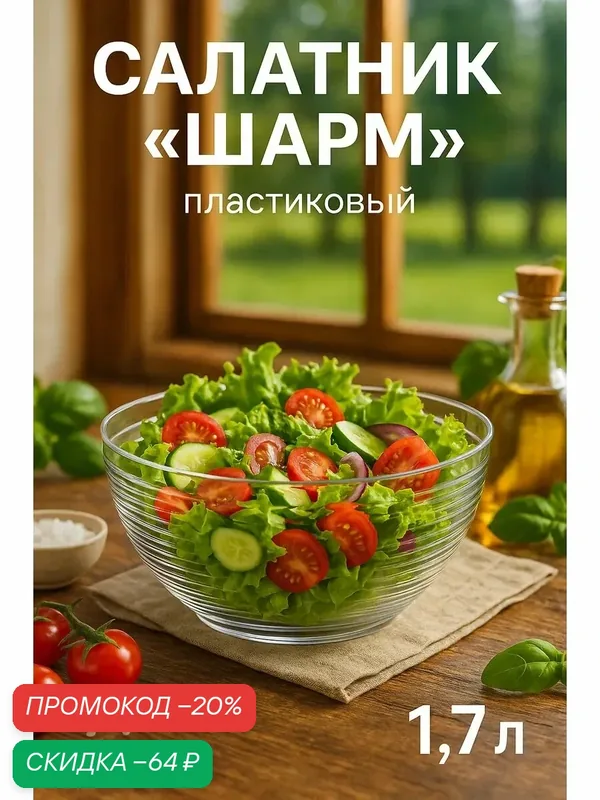 Салатник Доляна «Шарм», d=19, 5 см, высота 9, 3 см, 1, 7л, цвет прозрачный — Доляна, скидка по промокоду Яндекс Маркет