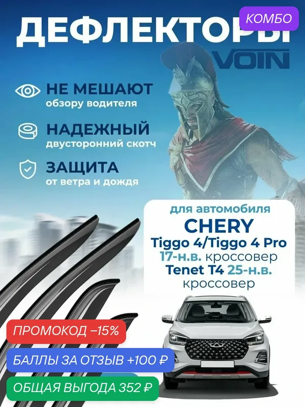 Дефлекторы окон Voin для Chery Tiggo 4 / Pro, Tiggo 5x / plus/ Tenet T4 (2017-н. в.), ветровики, накладные, 4шт — Voin, скидка по промокоду Яндекс Маркет