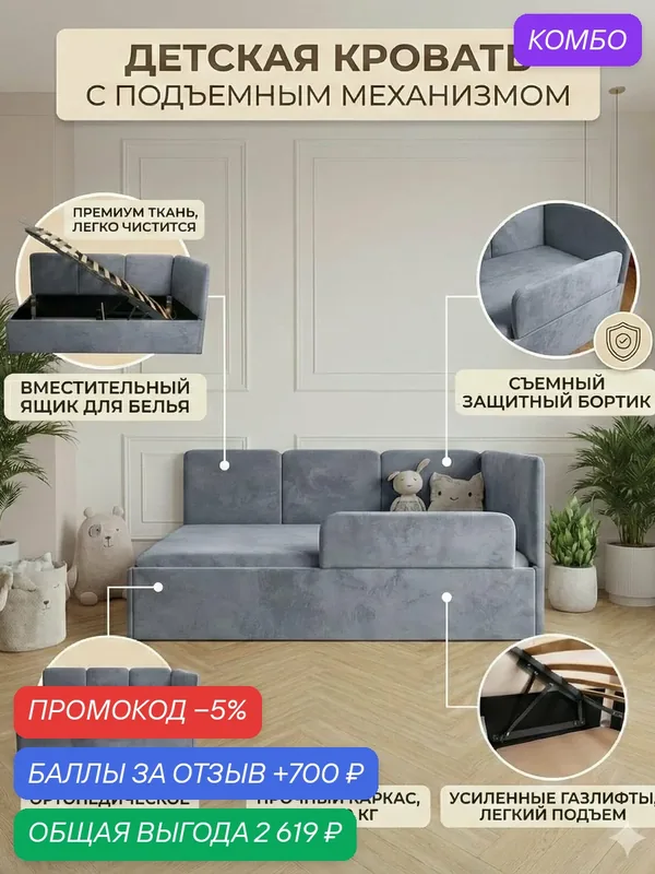 Детский диван-кровать 180 90 см Тренди с ортопедическим основанием и подъемным механизмом, кровать детская от 3х лет, спинка справа — Три кроватки, 700 баллов за отзыв Яндекс Маркет