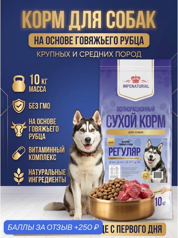 Сухой корм Регуляр для собак крупных и средних пород на основе говяжьего рубца, 10кг, IMPENATURIAL Империал — Impenaturial, 250 баллов за отзыв Яндекс Маркет