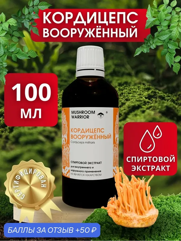 Кордицепс военный (вооруженный) 100 мл спиртовой экстракт, геропротектор, Mushroom Warrior, комплексная пищевая добавка — MUSHROOM WARRIOR, 50 баллов за отзыв Яндекс Маркет