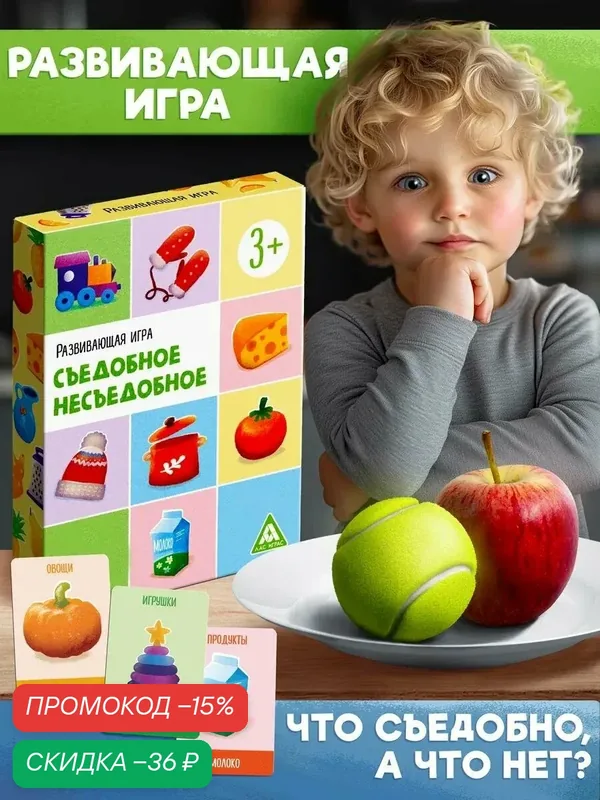 Настольная игра ЛАС играс "Съедобное-несъедобное", 36 карт, состав: бумага, картон — ЛАС ИГРАС, скидка по промокоду Яндекс Маркет